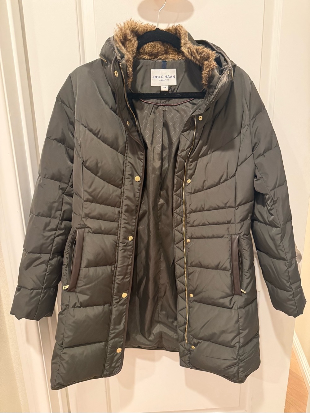 Cole Haan Olive Quilted Puffer Coat with Faux-Fur Hood Trim